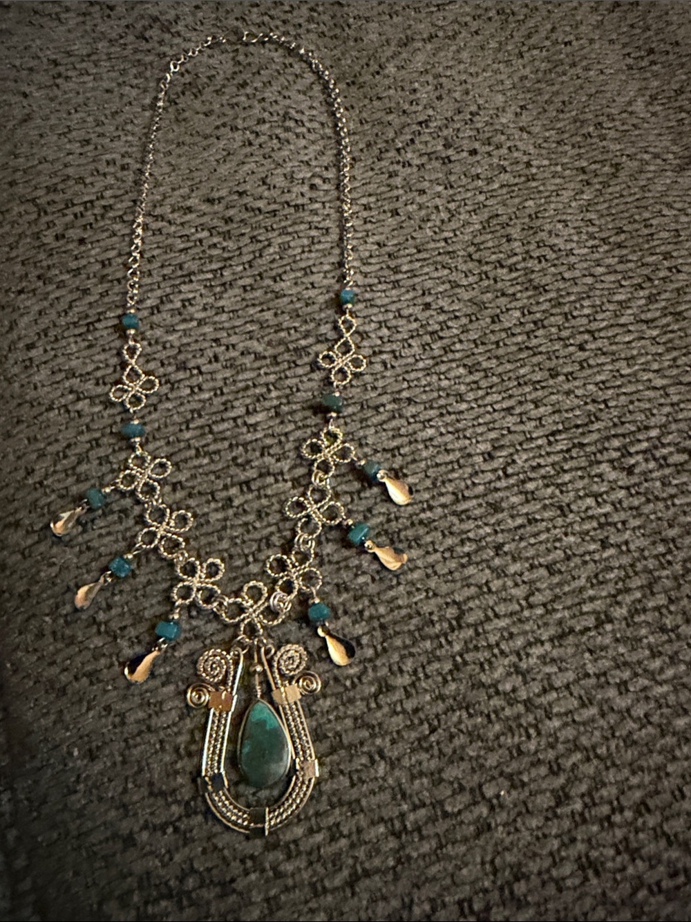 Peruvian Silver and Teal Statement Necklace with Teardrop Pendant